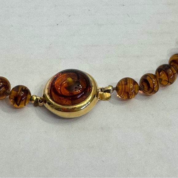 Faux Tortoise Shell Amber Vintage Glass Beaded Necklace Large Box Cabochon Clasp - Picture 16 of 16